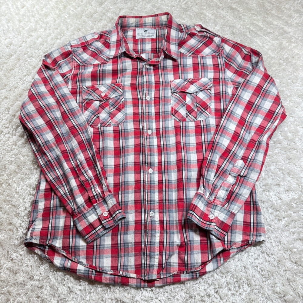 Pop Icon Clothing Shirt Mens XL Plaid Western Buckle Y2K Vintage Button Up